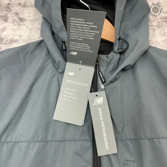 NWT New Balance Wind Jacket Men's Small Gray Hooded Water Wind Resistant - Picture 6 of 11